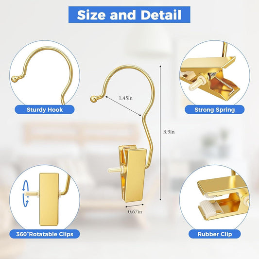 Gold clip hanger with spring and rubber-tipped clasp, rotatable clips