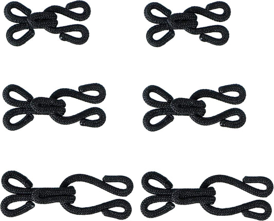Black hook and eye fur sewing closures, multiple pairs for crafting and clothing repairs.