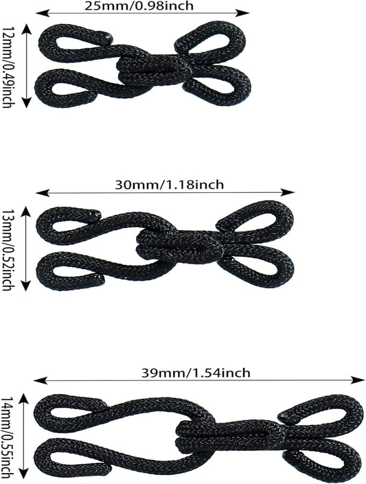 Black hook and eye fur sewing closures with visible size options in a set.