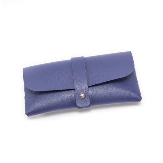Blue PU leather soft eyeglass case with front flap and buckle strap