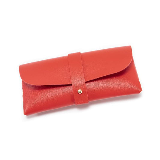 Red PU eyeglass case with fold-over flap and strap closure, single pouch