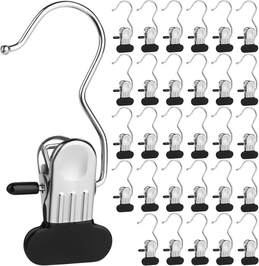Rotating belt organizer hanger with black clips and chrome hook, set of multiple clamps