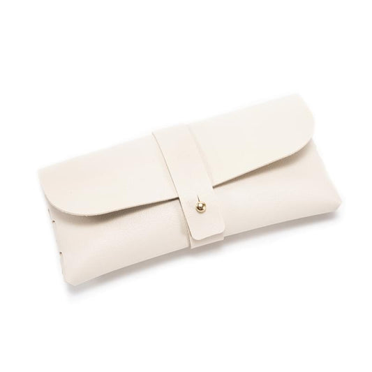 Beige PU leather eyeglass case with flap and buckle strap pouch