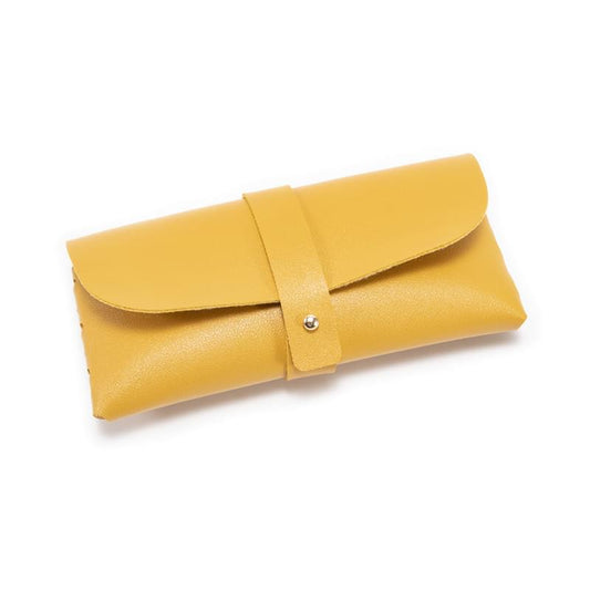 Yellow PU leather eyeglass case with flap and snap strap, soft pouch for glasses.