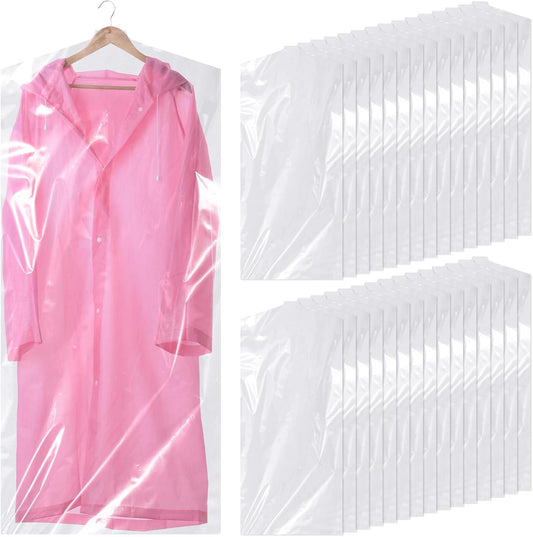 Clear plastic garment covers on hangers, pink cover shown in center