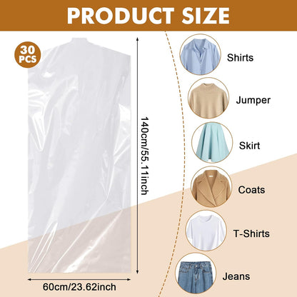 30 plastic clothing covers, 60*140cm laundry bags, transparent clothes hangers, clothing bags, dustproof garment protectors for clothes, shirts, jackets, suits, jumpers (transparent)