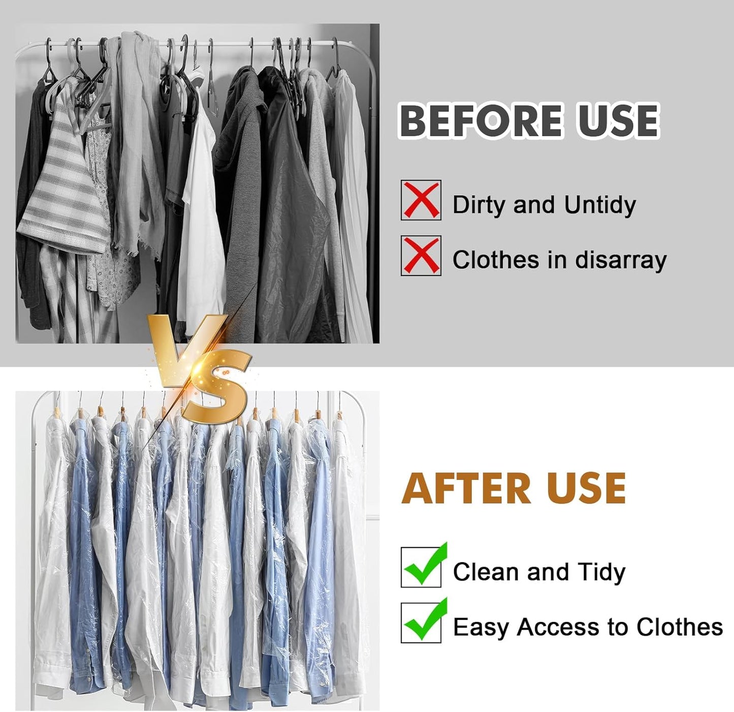 30 plastic clothing covers, 60*140cm laundry bags, transparent clothes hangers, clothing bags, dustproof garment protectors for clothes, shirts, jackets, suits, jumpers (transparent)