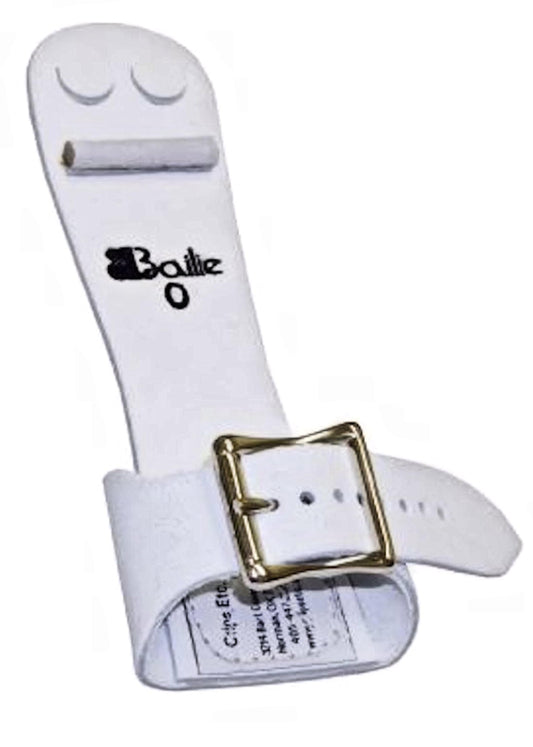 Narrow buckle grip strap with Bailie logo, white webbing and square metal buckle