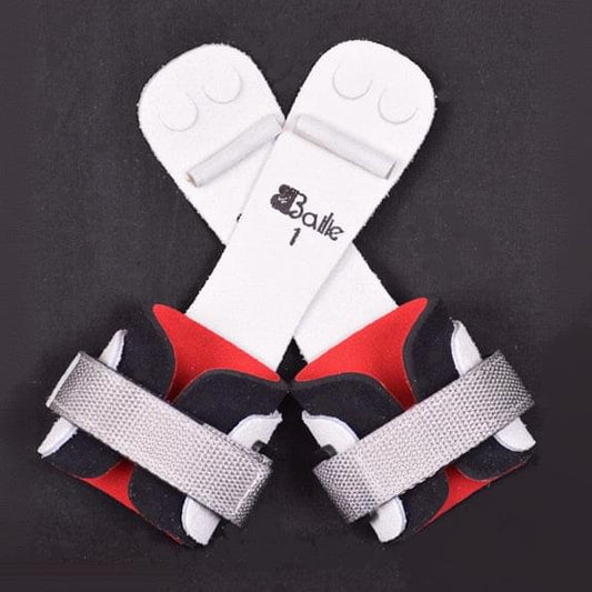 Bailie Dowel narrow grip pair: white pads, red/black base, gray strap ties