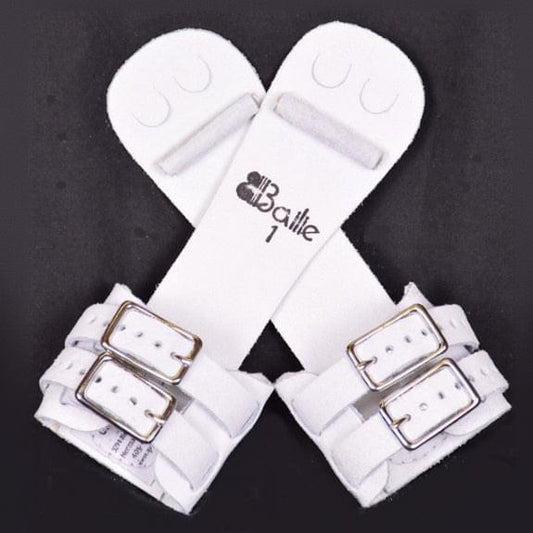 Bailie Dowel grip pair in white with adjustable gold buckles and straps