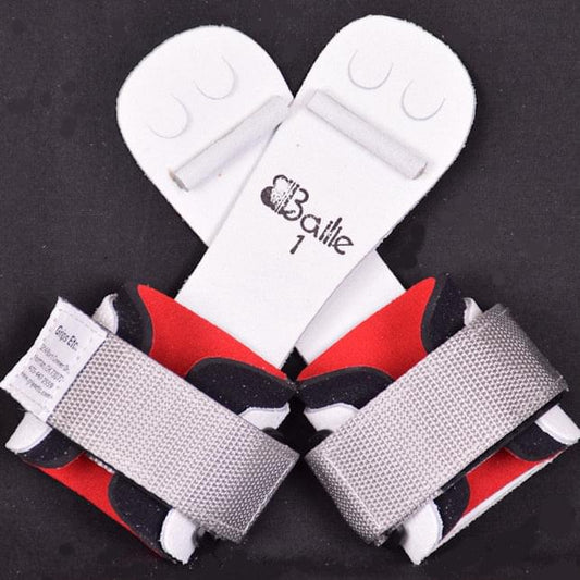 Bailie dowel grip 302W pair with white pads, red-and-black lining, gray elastic cuffs