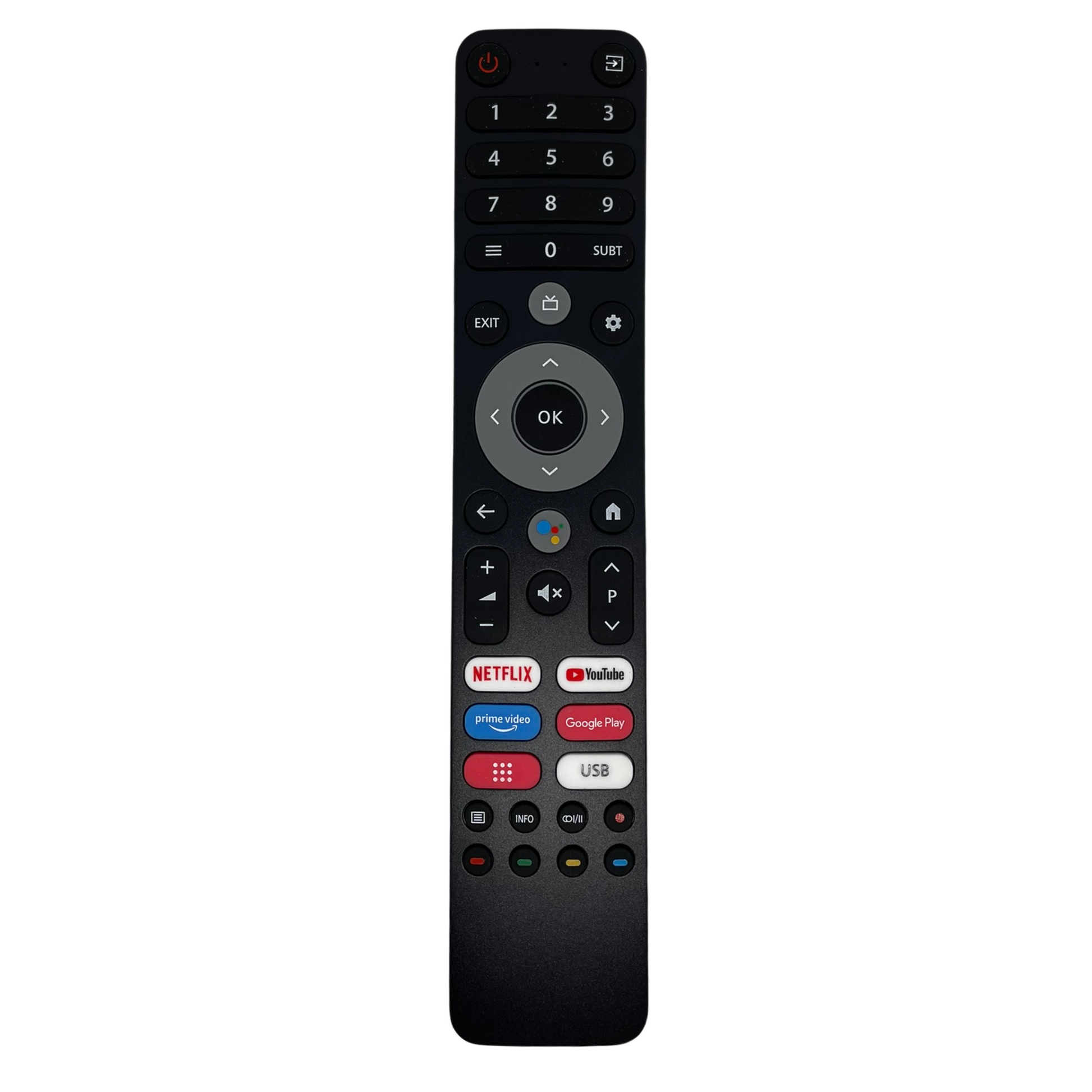 Black TV remote control with button keypad and OK ring