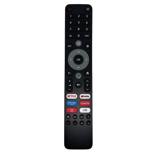 Black TV remote control with button keypad and OK ring