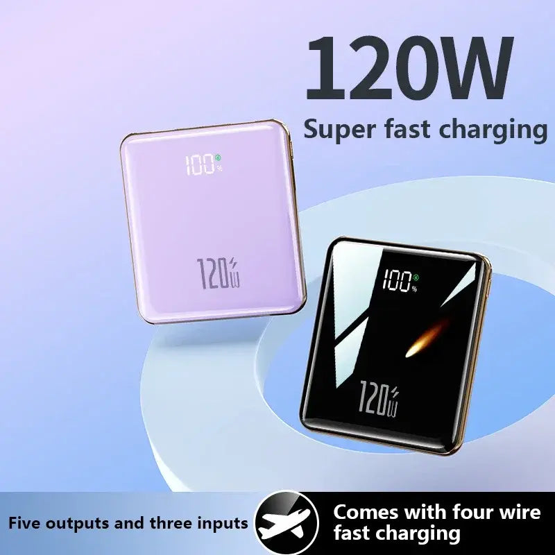 Mini power banks in white and black with square LED charging display, super fast charging