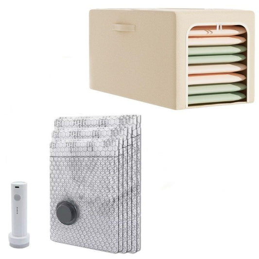 Beige fabric storage bin with window opening, stacked clothes, gray vacuum bags and pump.
