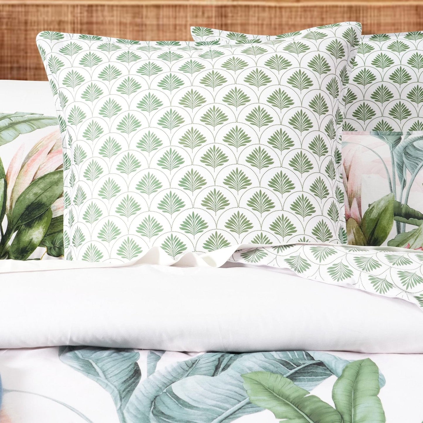 Kids quilt cover set pillow: white with green repeating plant motif, matching leaves