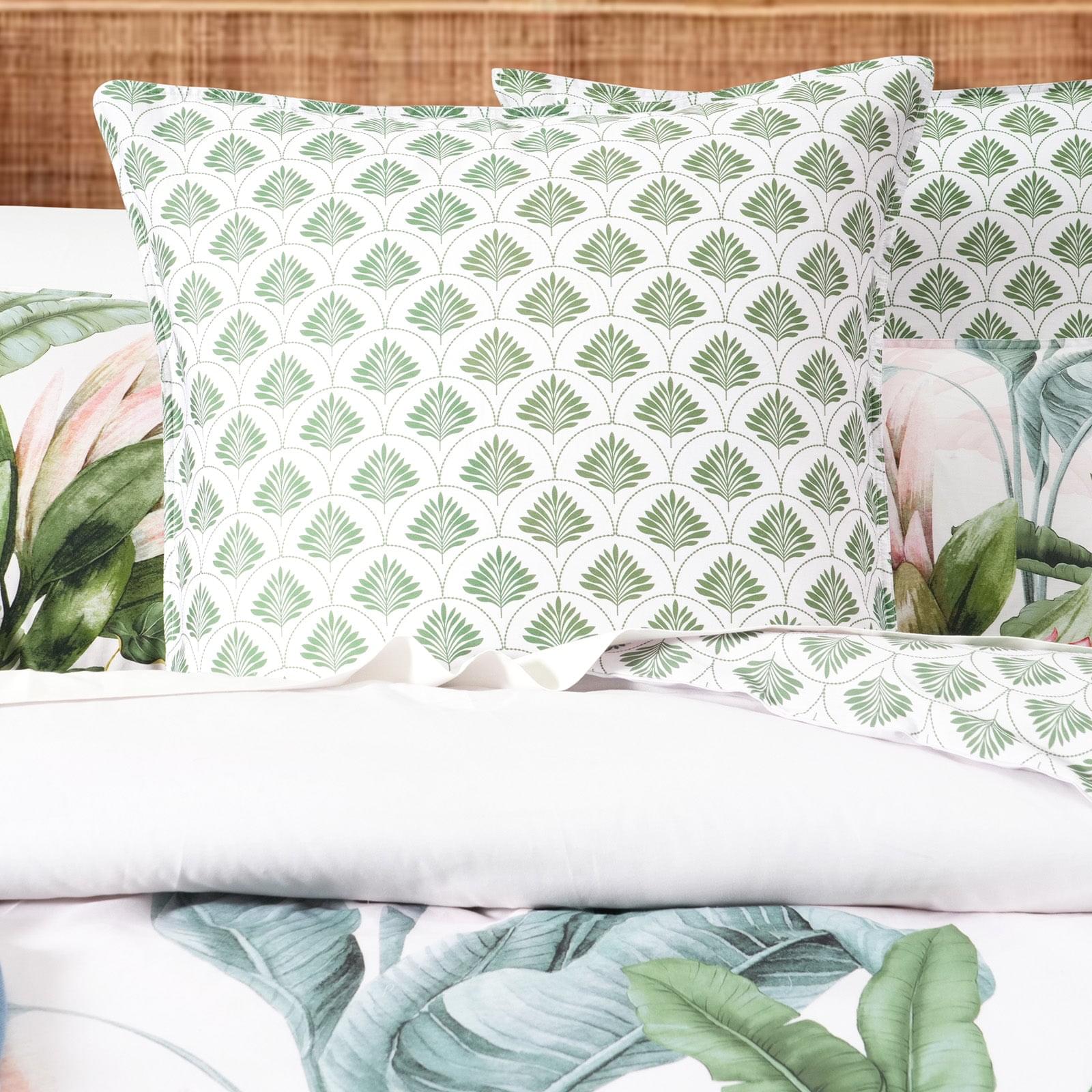 Kids quilt cover set pillow: white with green repeating plant motif, matching leaves