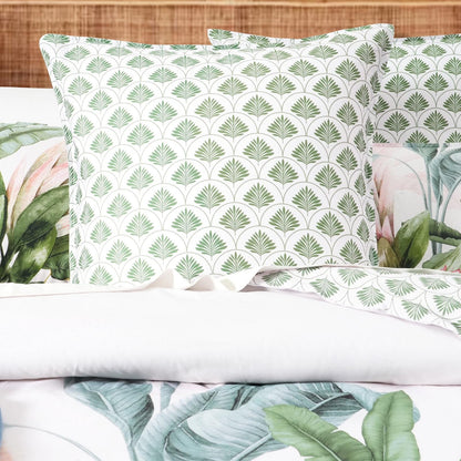 Kids quilt cover set pillow: white with green repeating plant motif, matching leaves