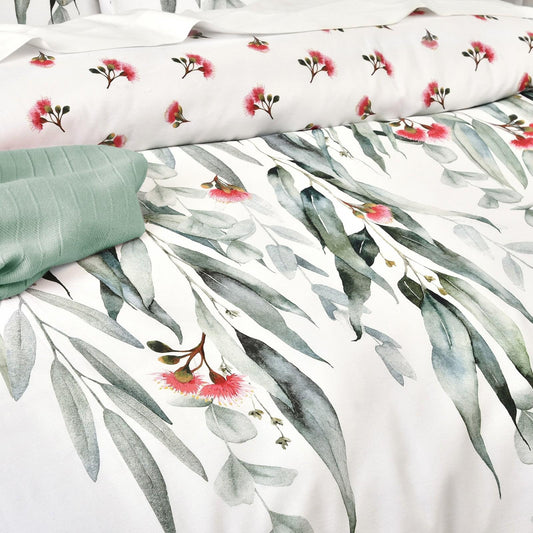 Kids reversible quilt cover set, white with green leaf and red flower print