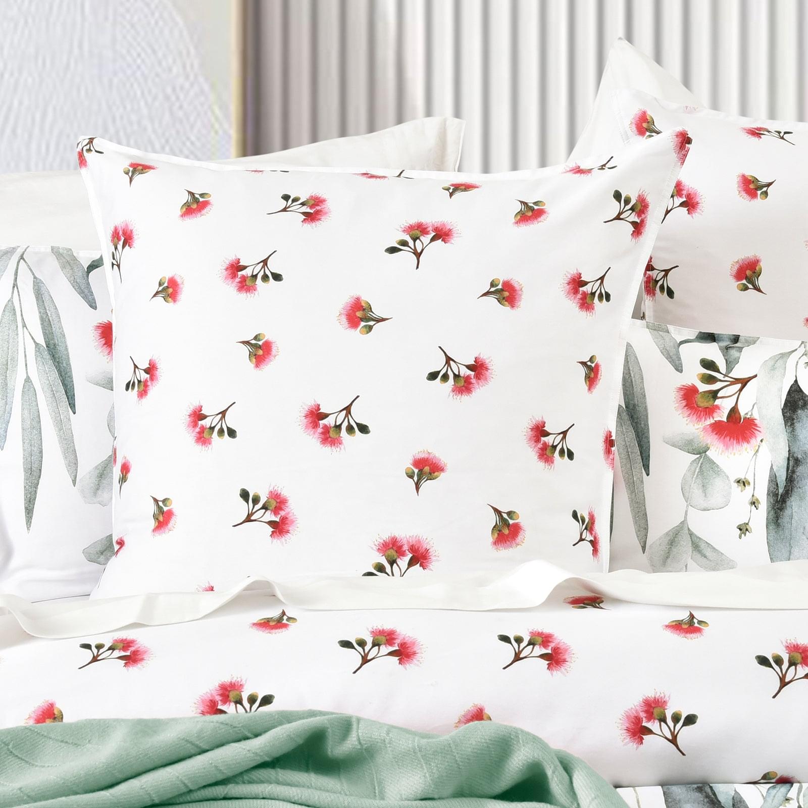 Kids quilt cover set, white pillow fronts with small birds and red flower print