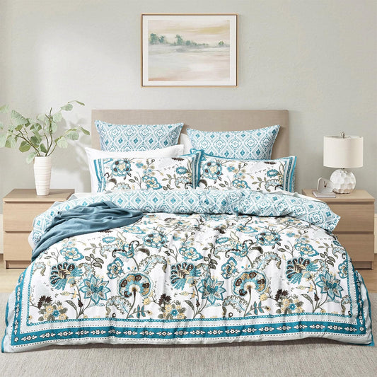 Kids quilt cover set in white with blue reversible geometric and floral border print