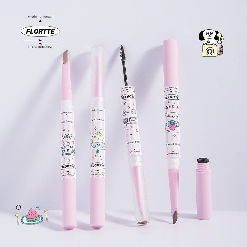 FLORTTE dual-ended eyebrow mascara set with light pink tubes and applicator wands