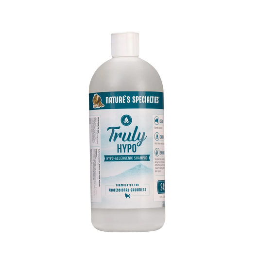 Hypoallergenic shampoo bottle with teal label and white cap; NATURE'S SPECIALTIES Truly HYPo