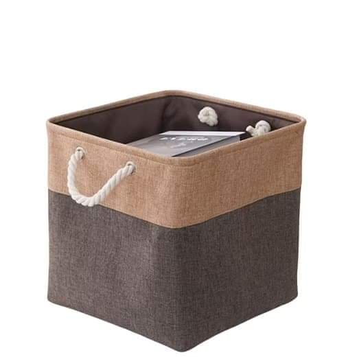 Fabric storage cube basket with rope handles, brown and dark gray sides