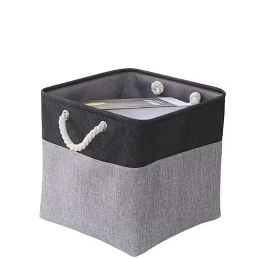 Cube storage basket with fabric sides, black top and gray body, rope handles