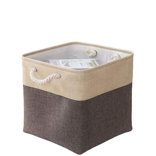 Square fabric storage basket cube with rope handles, beige and dark gray