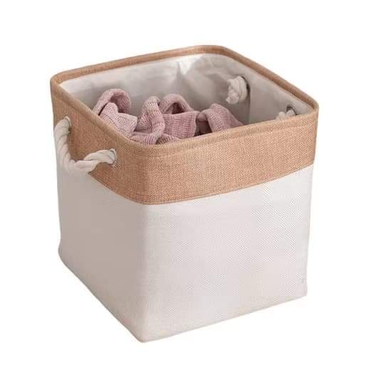 Fabric storage cube basket with handles, beige and white, open top for clothes or toys