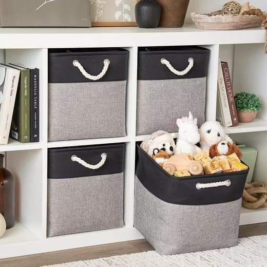 Fabric storage cube basket with rope handles, dark gray sides and black front, open top
