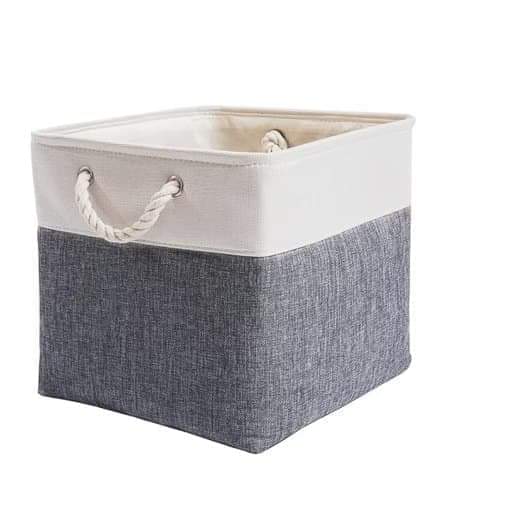 Gray fabric storage basket cube with white top and rope handle, square open bin