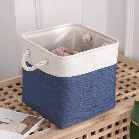 Fabric storage cube basket, two-tone blue and white, rope handles, open top