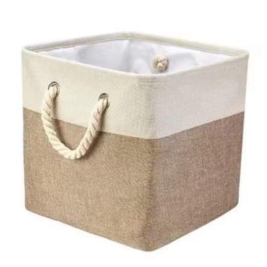 Fabric storage basket cube with rope handles, beige and white, open top.