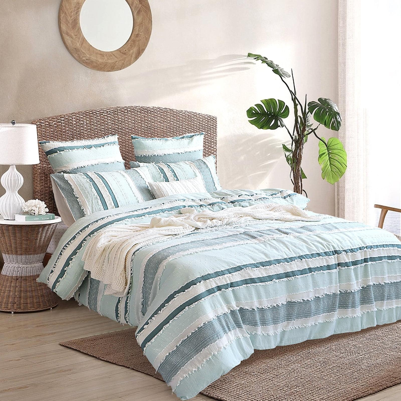 Light blue and white striped quilt cover set with matching ruffled pillowcases