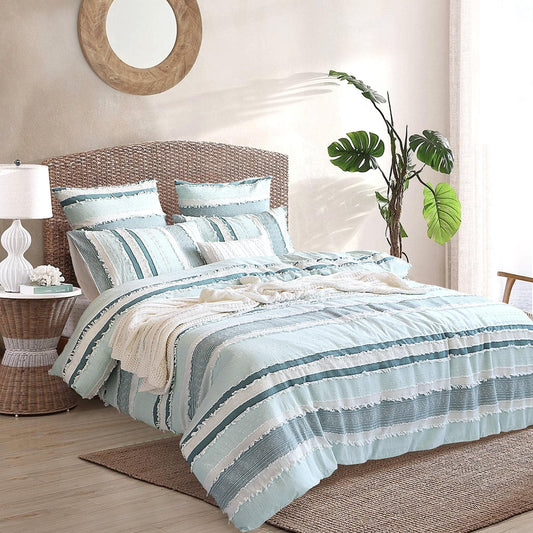 Light blue and white striped quilt cover set with matching ruffled pillowcases