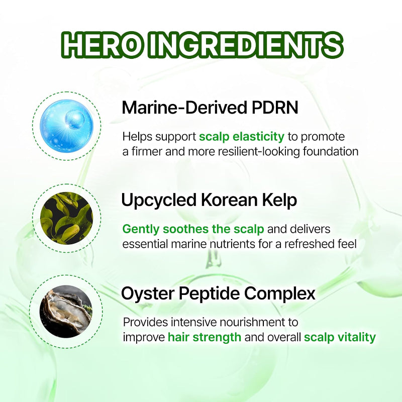 Ingredients infographic listing Marine-derived PDRN, upcycled Korean kelp, and oyster peptides.