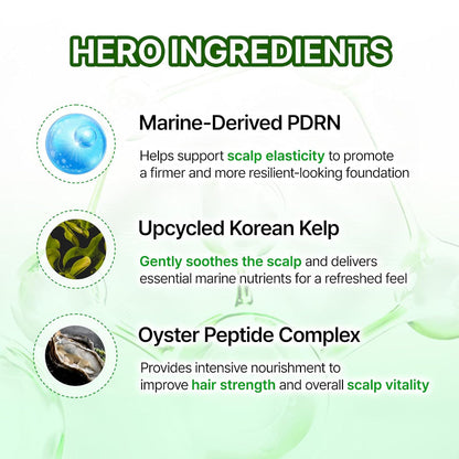 Ingredients infographic listing Marine-derived PDRN, upcycled Korean kelp, and oyster peptides.