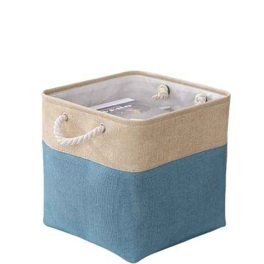 Fabric storage basket cube with handles, light tan and blue fabric sides