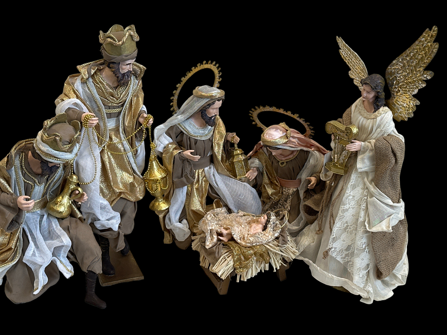 15.5" Christmas Religious Handmade Nativity Set - Holy Family (40 cm) & Three Wise Men (17.5", 45 cm) with Angel (17.25")