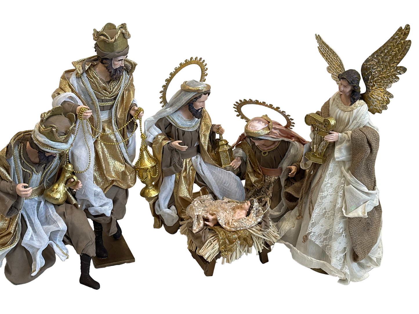 15.5" Christmas Religious Handmade Nativity Set - Holy Family (40 cm) & Three Wise Men (17.5", 45 cm) with Angel (17.25")