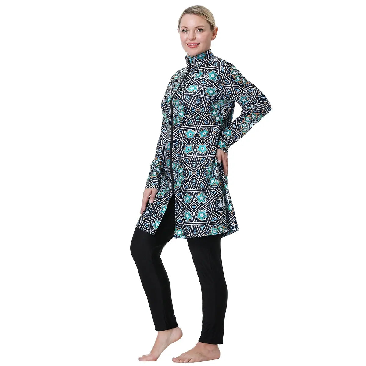 Patterned long-sleeve swim tunic with full-zip front and matching headscarf; leggings underneath