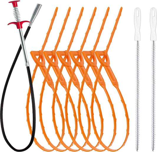 Drain clog remover tool set with orange coil snake, red handle, and cleaning brush
