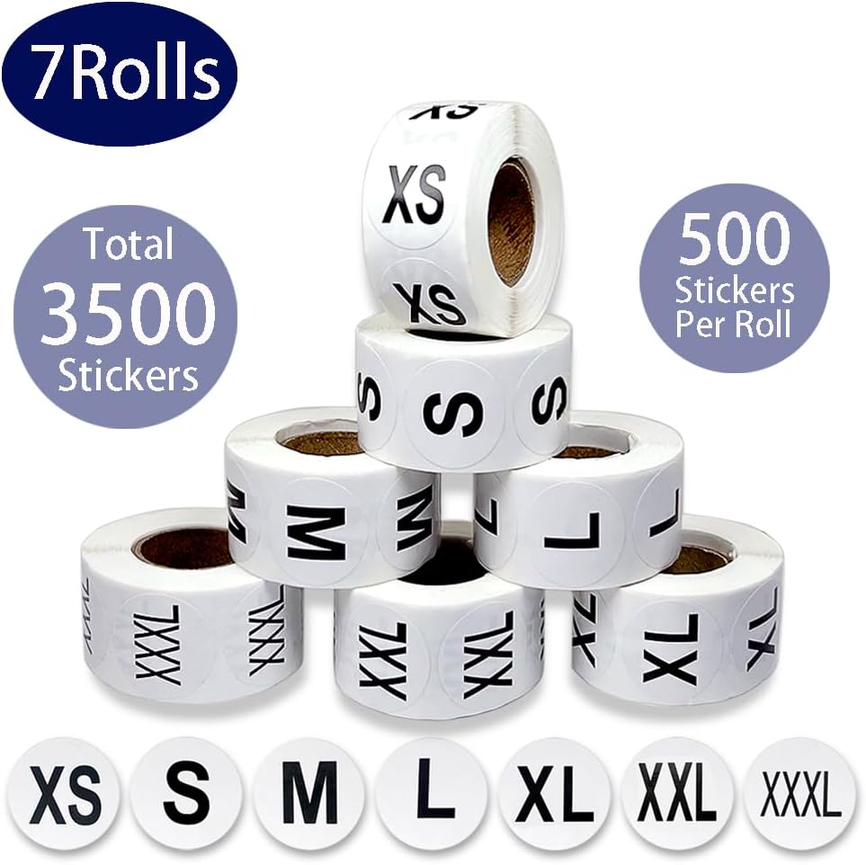 3500 Pcs Clothing Size Stickers, 1 Inch Round Self Adhesive, 7 Sizes XS-S-XXXL for T Shirts (Black)