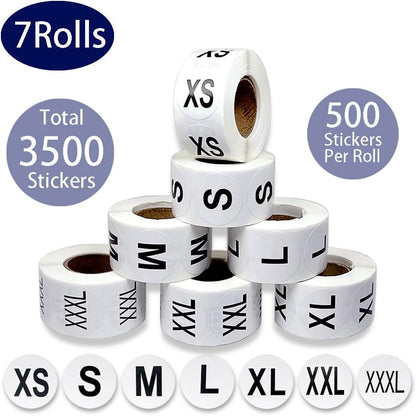 3500 Pcs Clothing Size Stickers, 1 Inch Round Self Adhesive, 7 Sizes XS-S-XXXL for T Shirts (Black)