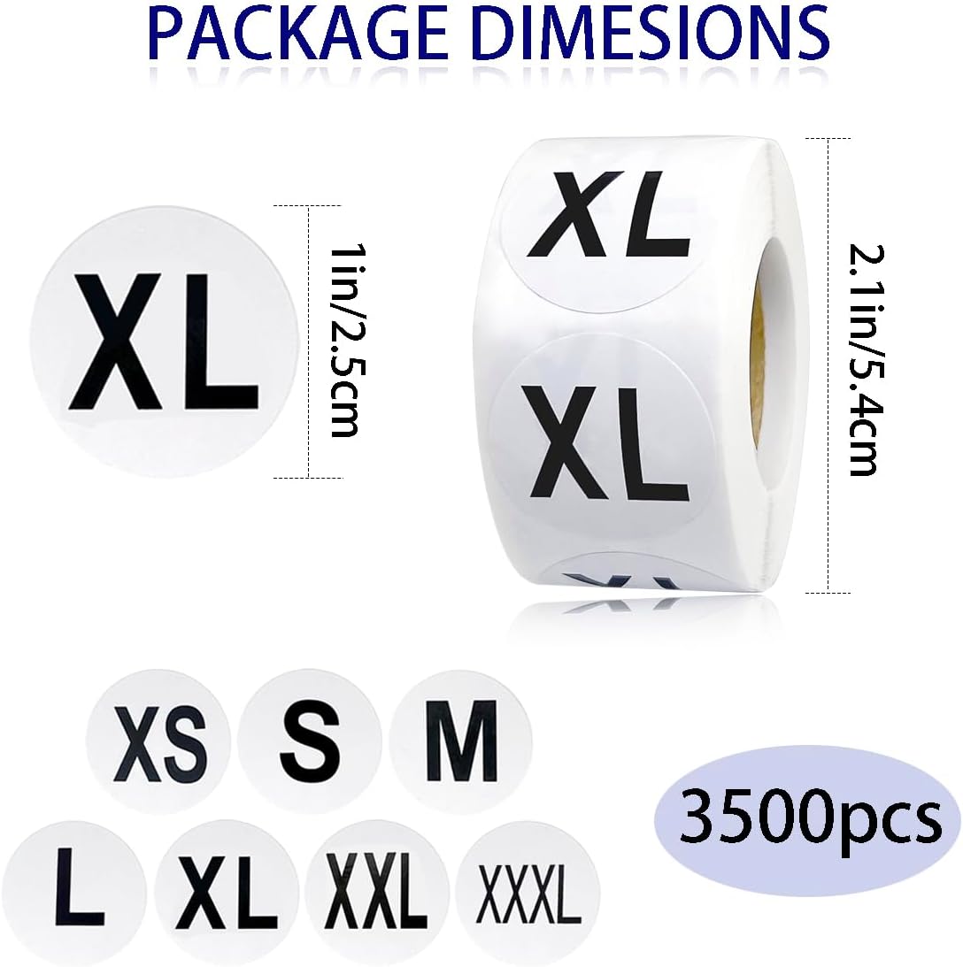 3500 Pcs Clothing Size Stickers, 1 Inch Round Self Adhesive, 7 Sizes XS-S-XXXL for T Shirts (Black)