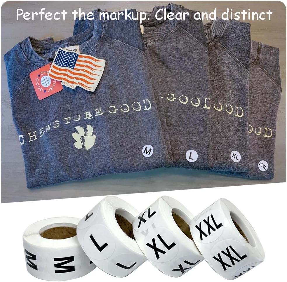 3500 Pcs Clothing Size Stickers, 1 Inch Round Self Adhesive, 7 Sizes XS-S-XXXL for T Shirts (Black)