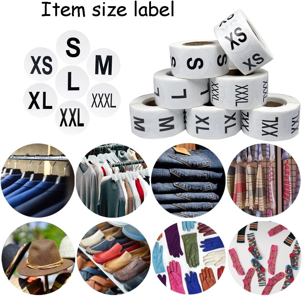 3500 Pcs Clothing Size Stickers, 1 Inch Round Self Adhesive, 7 Sizes XS-S-XXXL for T Shirts (Black)