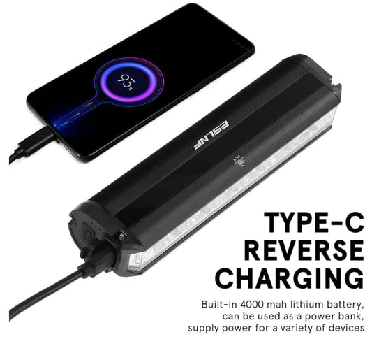 Black e-bike LED headlight bar with Type-C reverse charging and USB cable